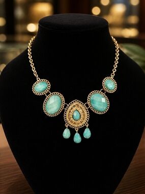 Gold-Tone Necklace with Turquoise Stone Accents